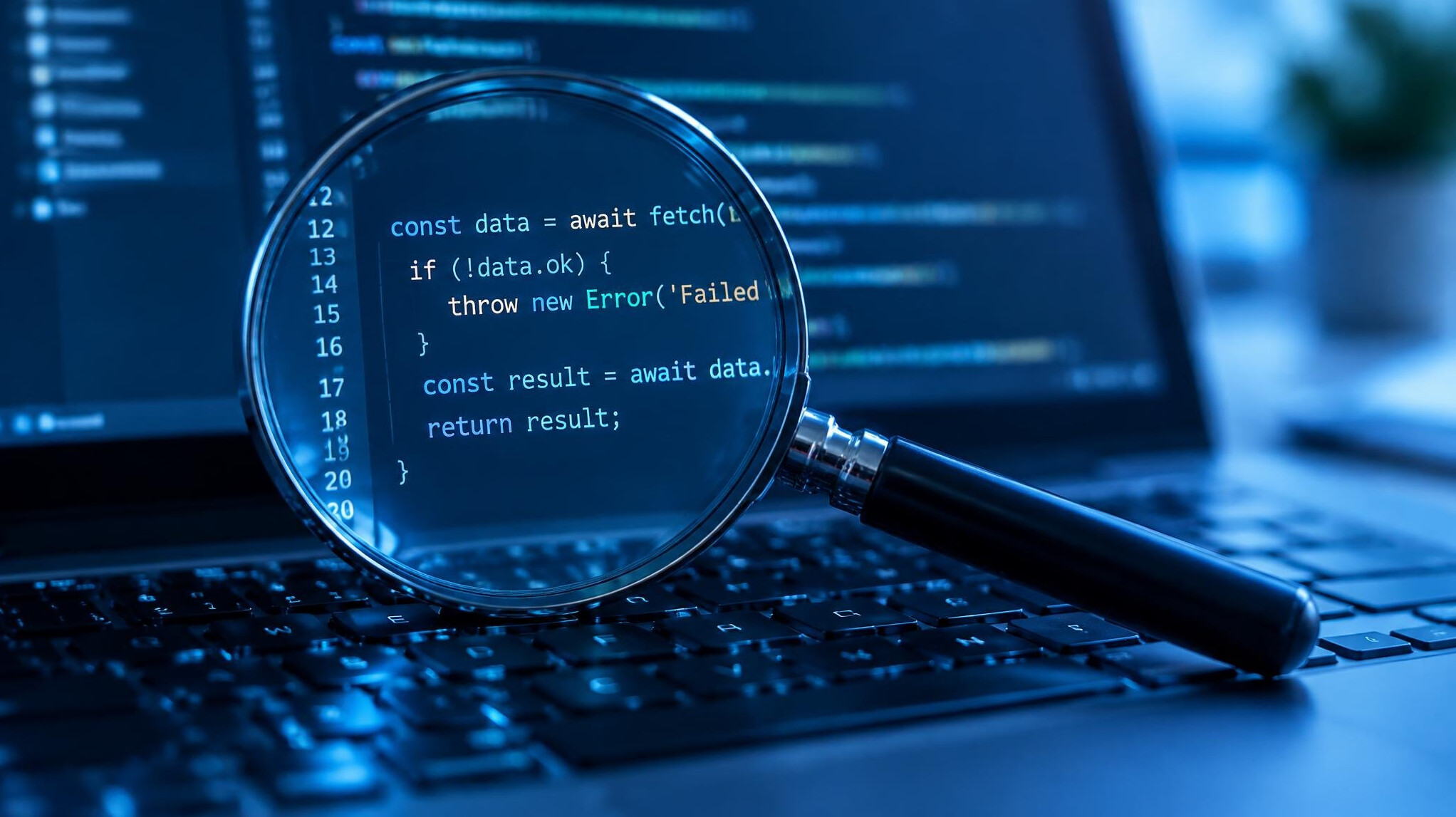 Magnifying glass held over lines of code on a laptop screen