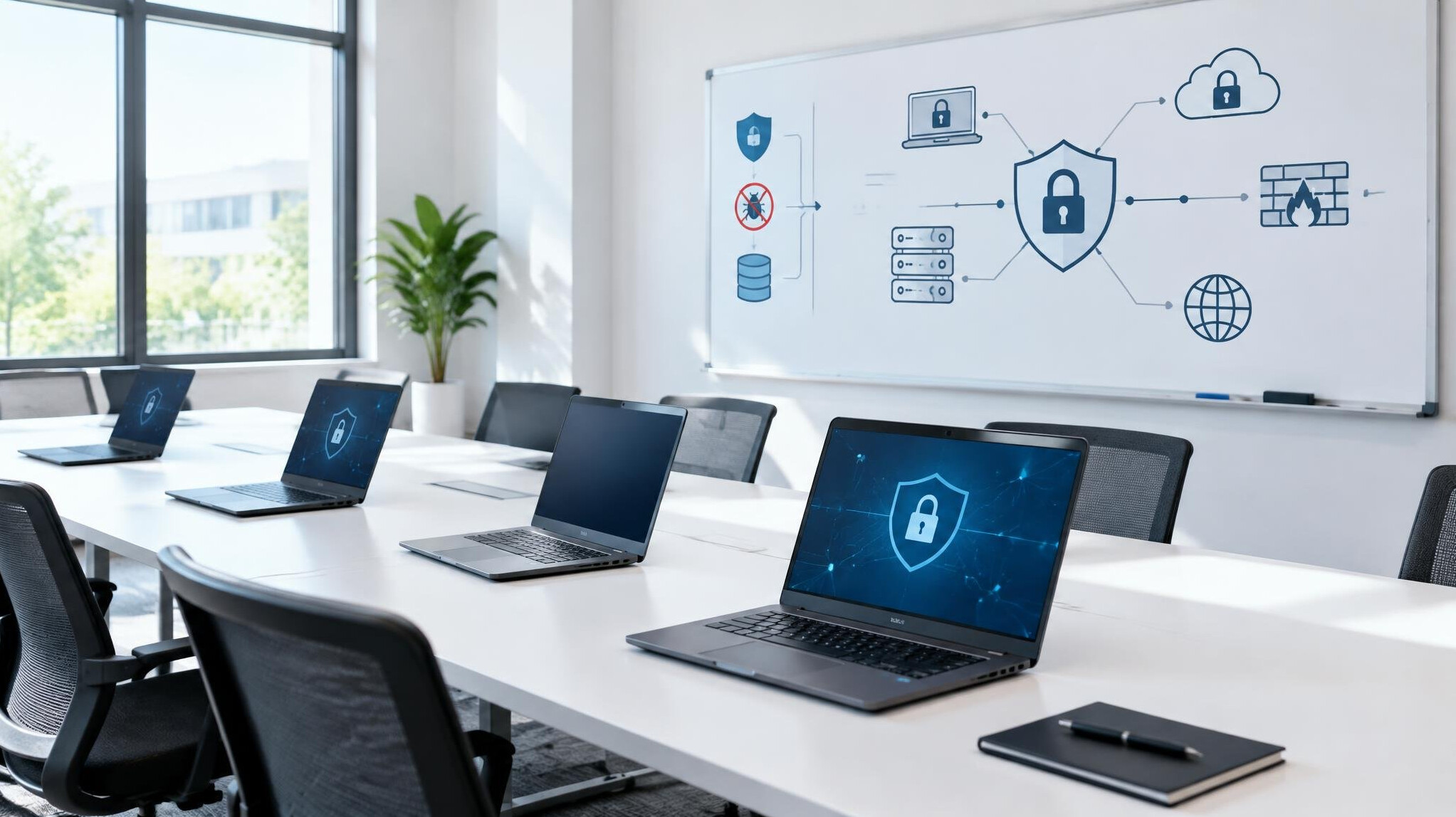 Bright training room with laptops arranged on a long table