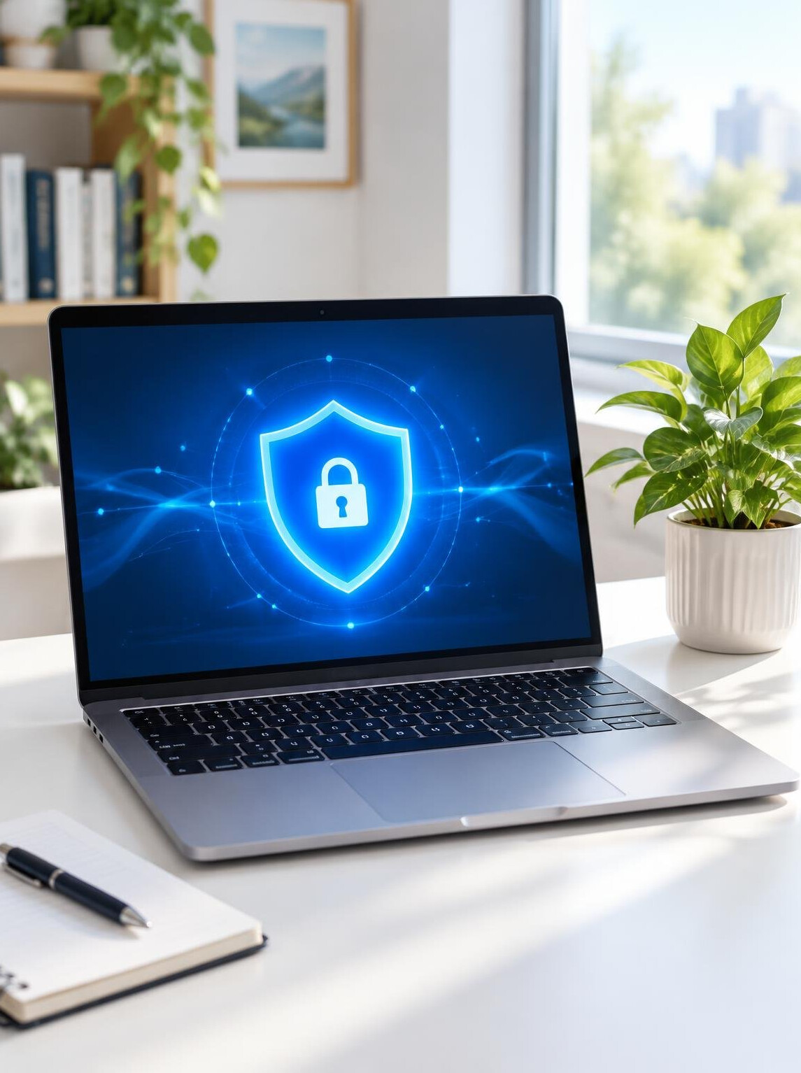 Laptop displaying a security shield icon on the screen