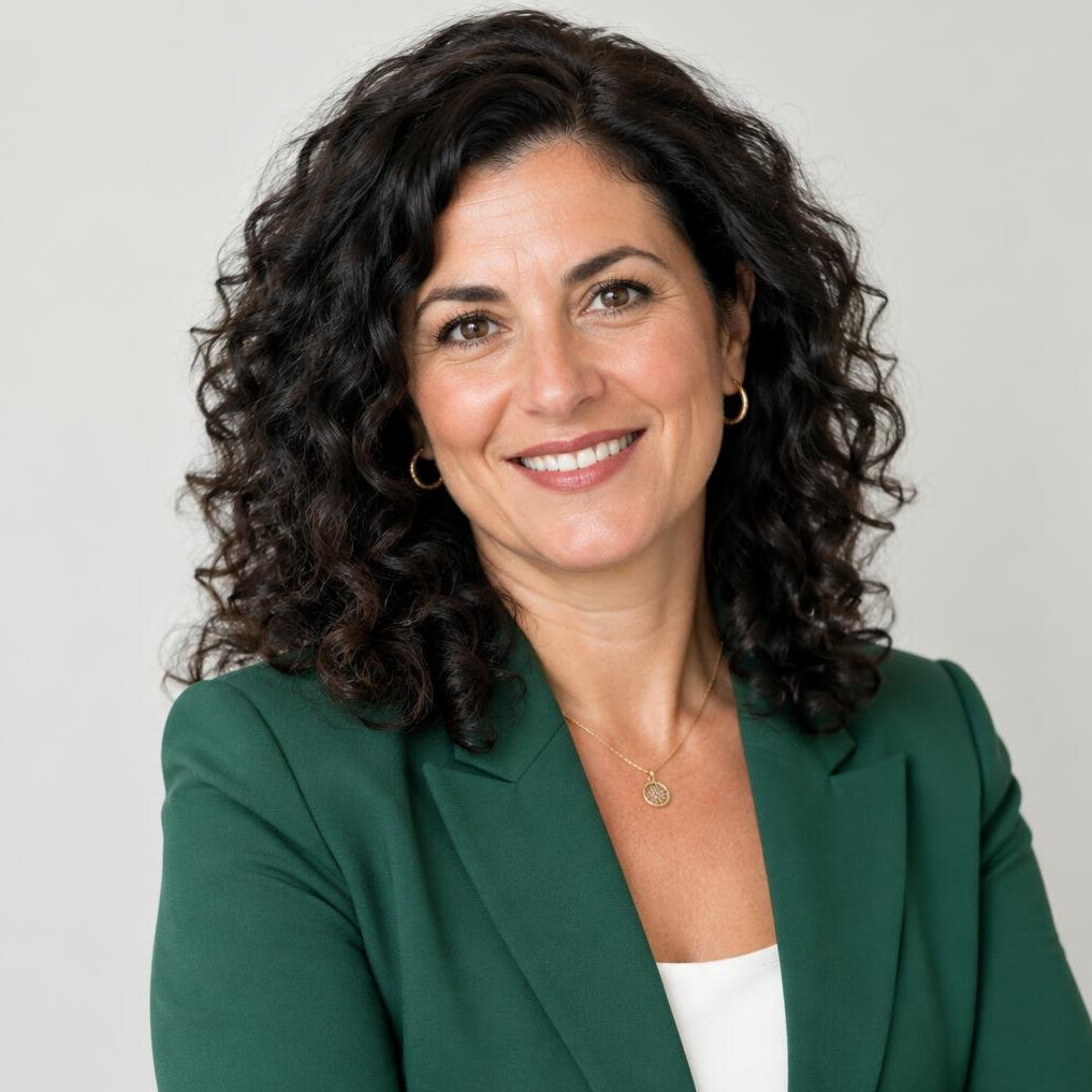 Portrait of a woman in her forties with dark curly hair wearing a green blazer