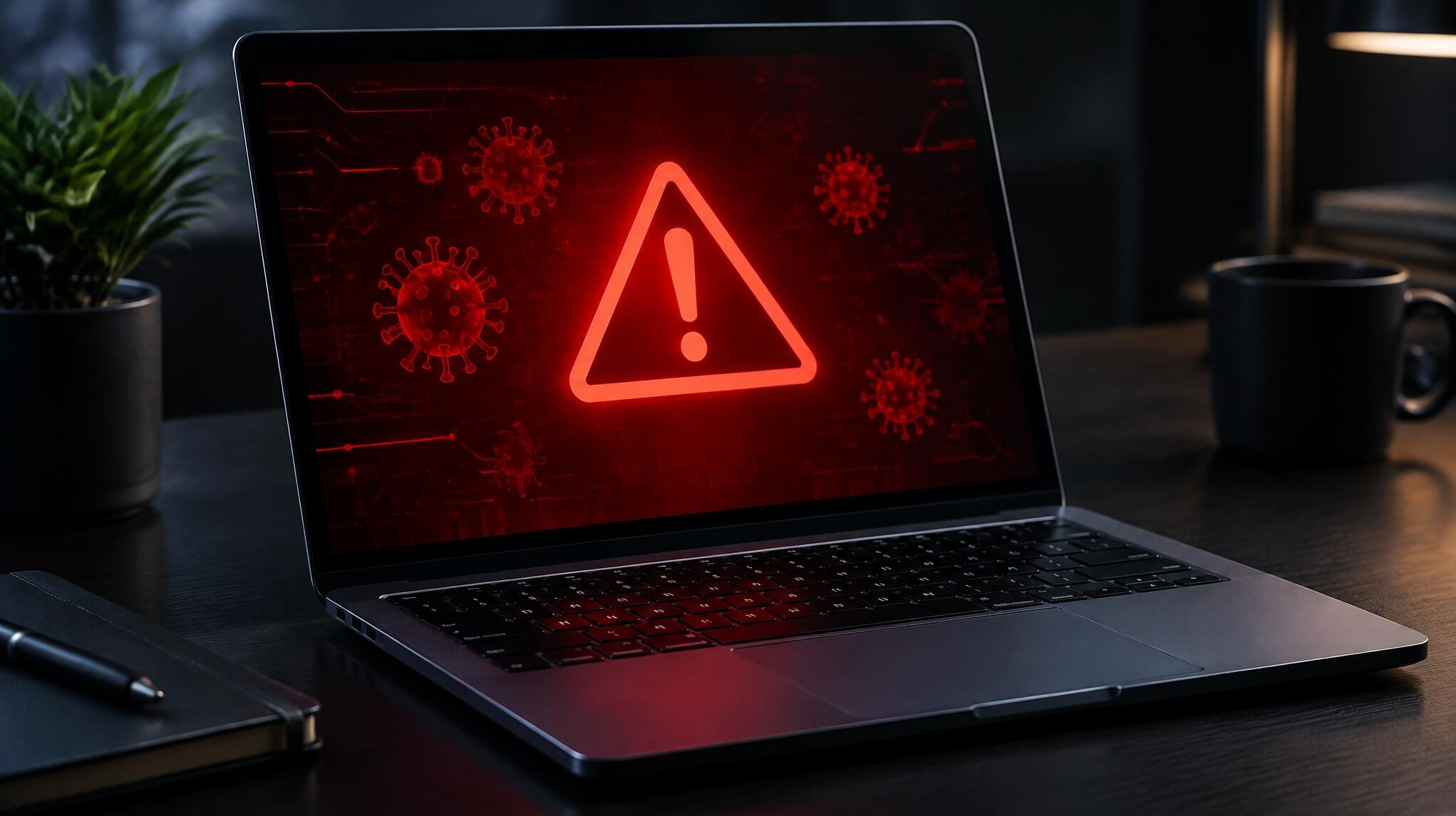 Laptop screen showing a red virus warning alert
