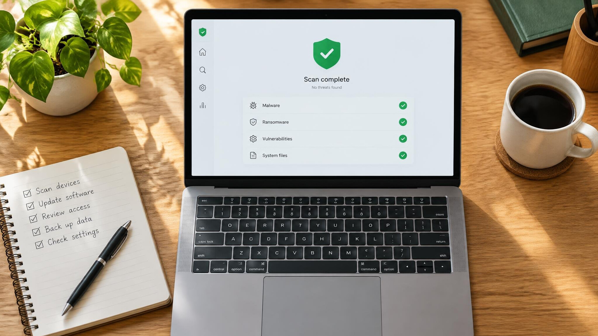 Laptop on a desk showing a security scan completed dashboard