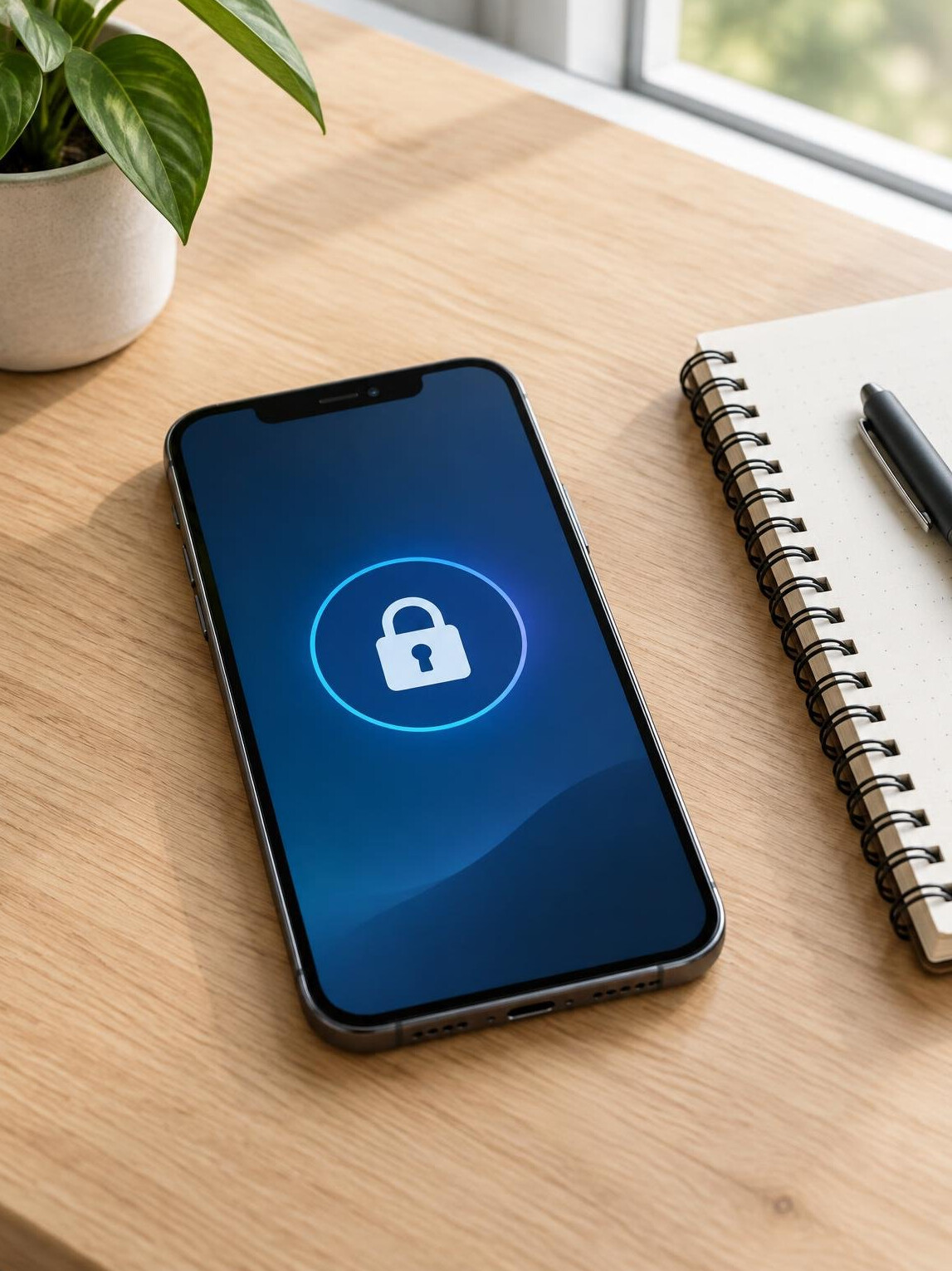 Smartphone lying on a desk showing a padlock security icon